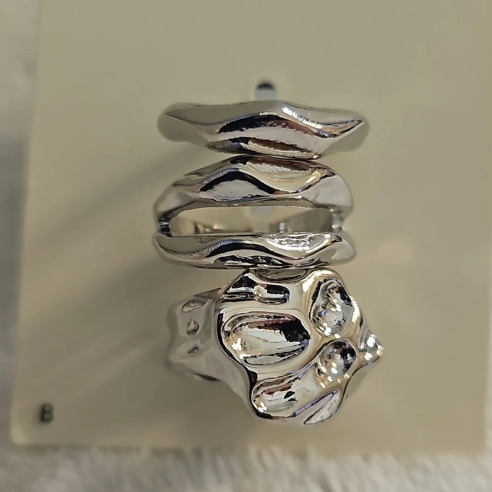 NWT Open Edit Set Of 3 Molten Rhodiun Rings Size 8 Silver - Picture 12 of 12